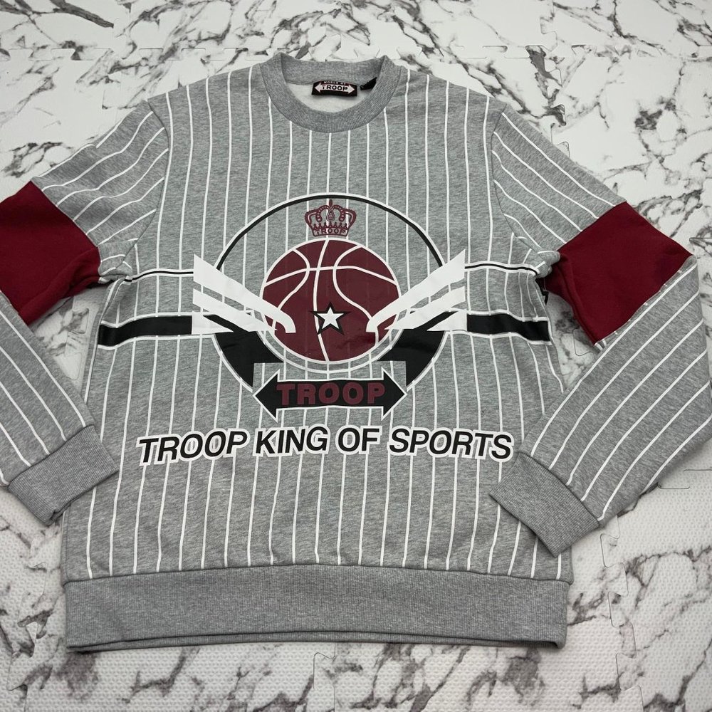 Men's Troop Grey Burgundy White Stripes Crewneck Sweater NWT